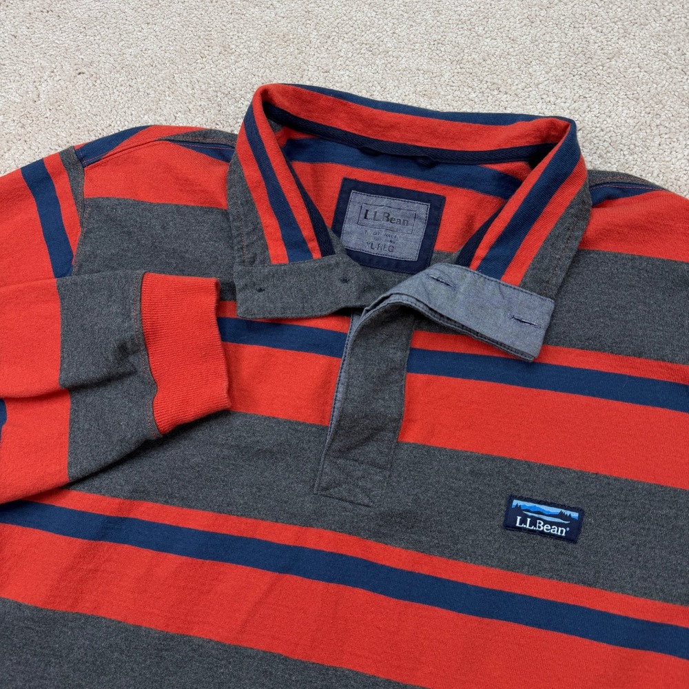 LL Bean Mens XL Rugby Shirt Orange Gray Striped Long Sleeve Traditional Fit
